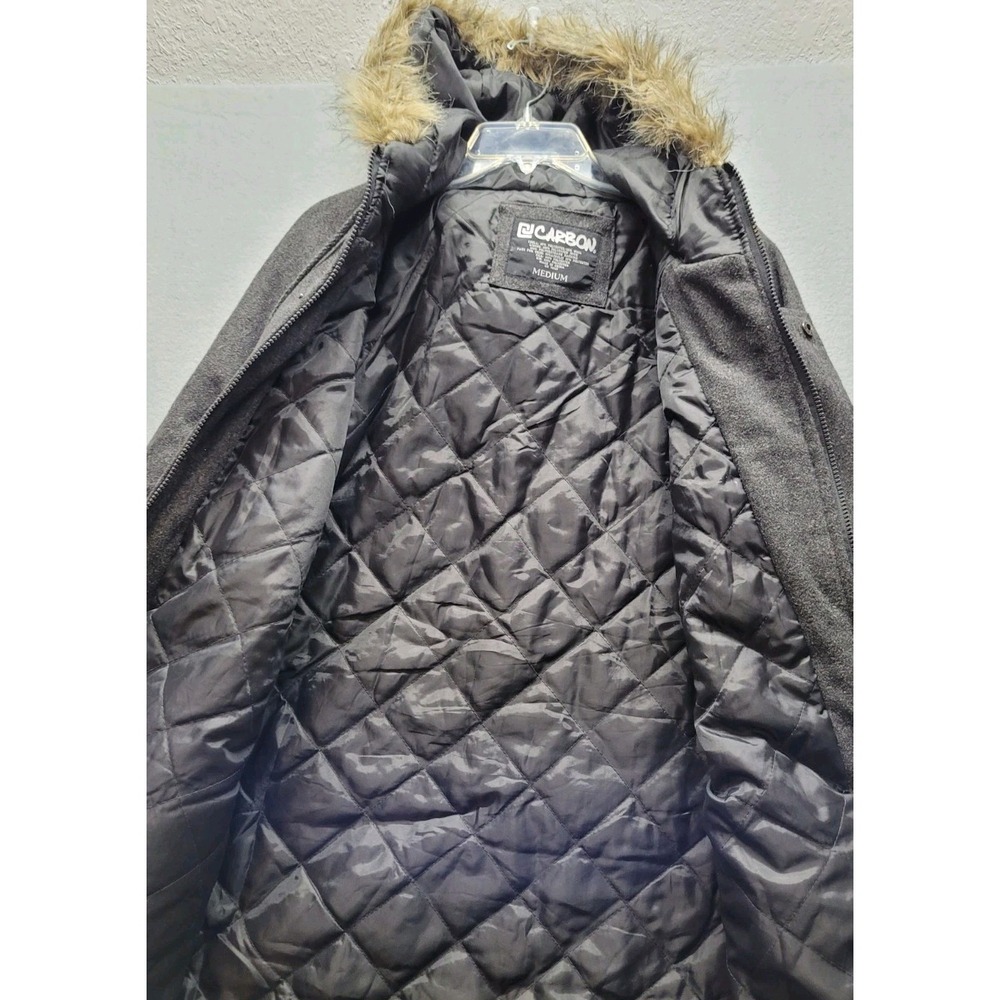 Carbon Jacket Winter Coat Womens Med Grey Soft Wool Blend Quilt Lined Faux Fur